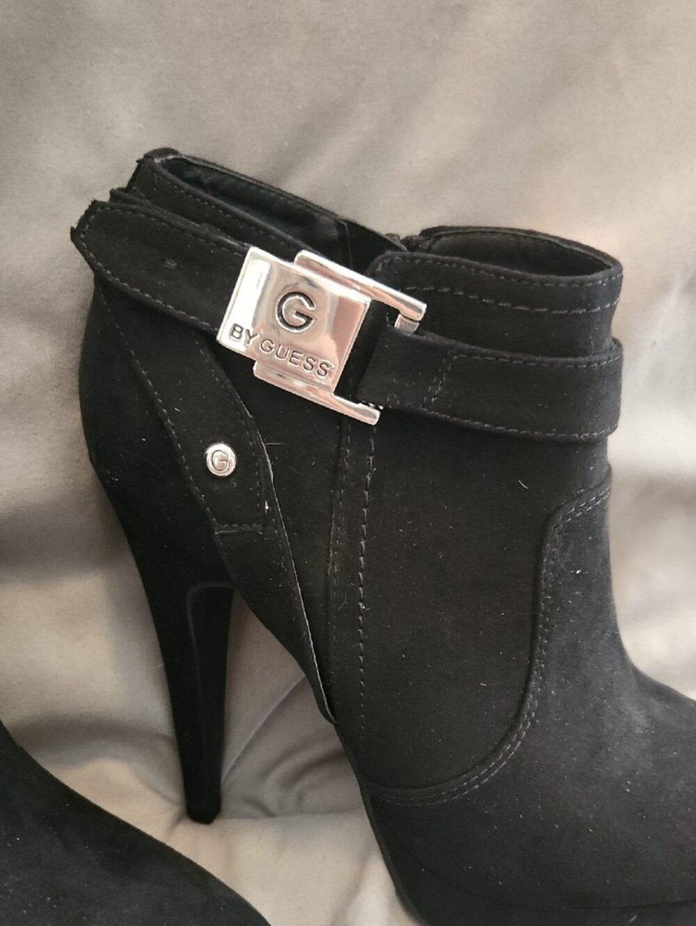 G by Guess Black Suede High-Heel Ankle Boots with Metallic Buckle - Picture 2 of 11